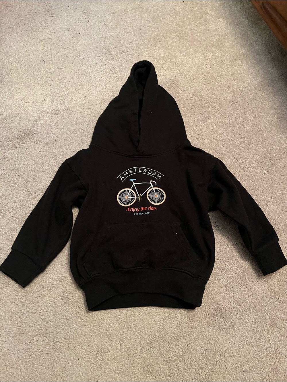 Kids Black Hoodie with Amsterdam Bike Graphic - Enjoy the Ride